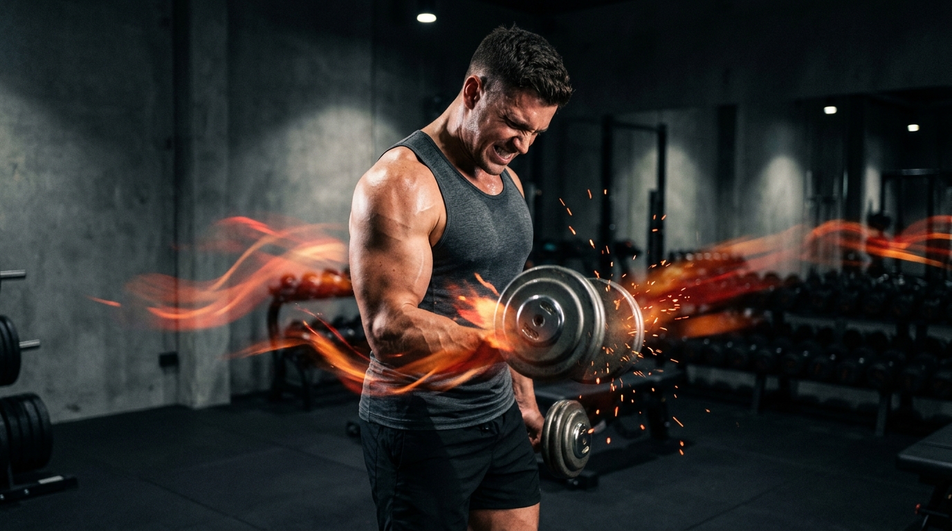 Athlete training with heavy dumbbell and orange light streaks